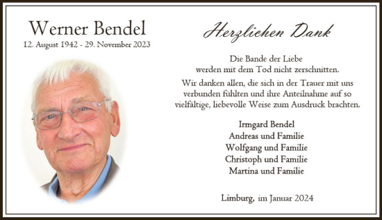 Traueranzeige von Werner Bendel von Nassauische Neue Presse