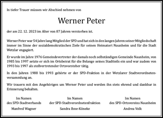 Traueranzeige von Werner Peter von Wetzlarer Neue Zeitung