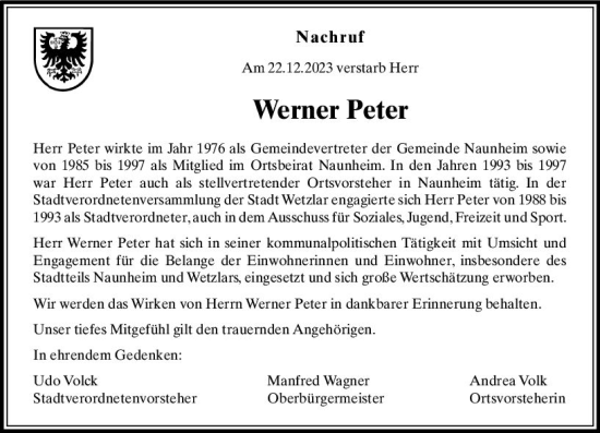 Traueranzeige von Werner Peter von Wetzlarer Neue Zeitung