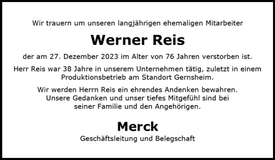 Traueranzeige von Werner Reis von Groß-Gerauer Echo