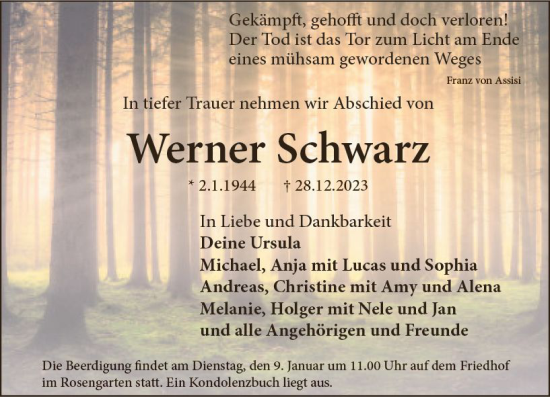 Traueranzeige von Werner Schwarz von Starkenburger Echo