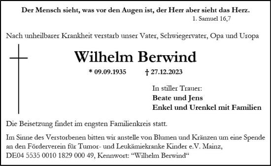 Traueranzeige von Wilhelm Berwind von Allgemeine Zeitung Alzey