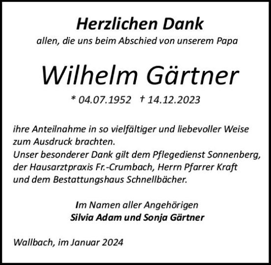 Traueranzeige von Wilhelm Gärtner von Odenwälder Echo