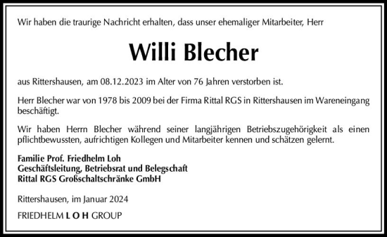 Traueranzeige von Willi Blecher von Dill Block