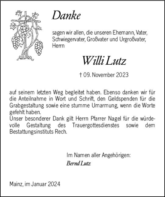 Traueranzeige von Willi Lutz von Allgemeine Zeitung Mainz