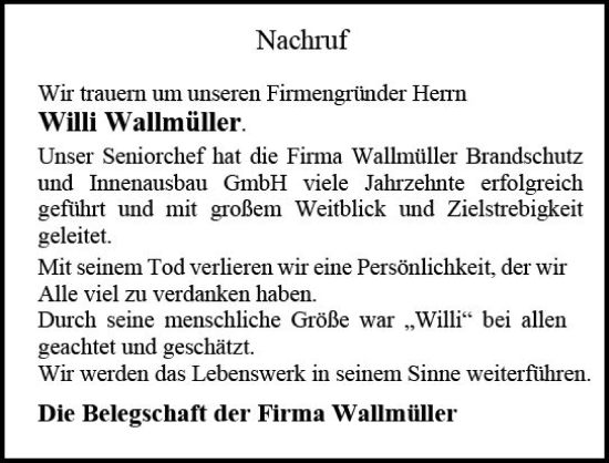 Traueranzeige von Willi Wallmüller von Allgemeine Zeitung Mainz