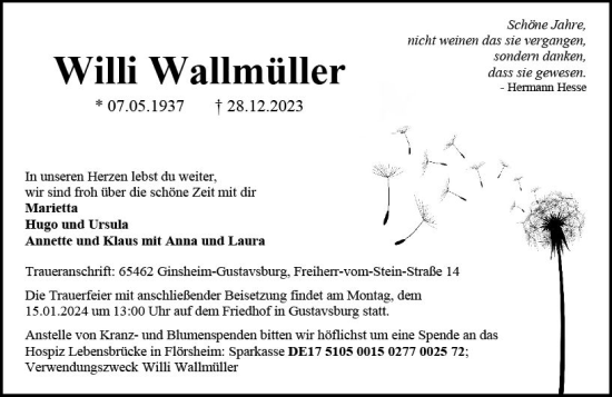 Traueranzeige von Willi Wallmüller von Allgemeine Zeitung Mainz