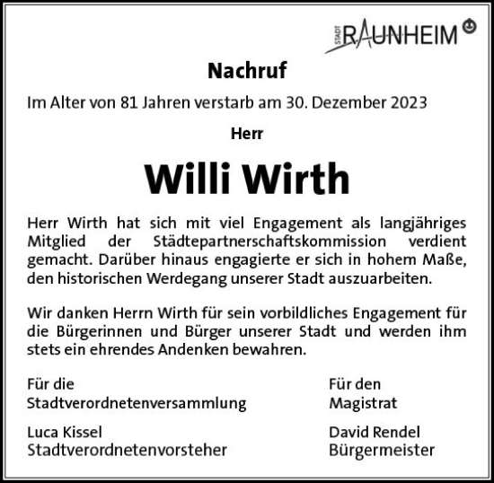 Traueranzeige von Willi Wirth von Rüsselsheimer Echo
