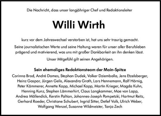 Traueranzeige von Willi Wirth von Rüsselsheimer Echo