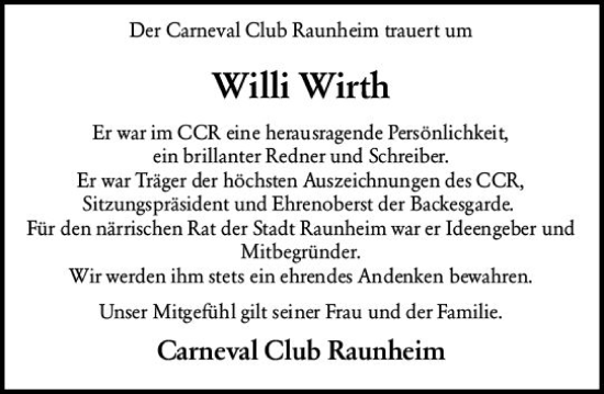 Traueranzeige von Willi Wirth von Rüsselsheimer Echo