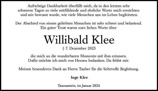 Traueranzeige von Willibald Klee von Wiesbadener Kurier