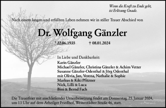Traueranzeige von Wolfgang Gänzler von Darmstädter Echo
