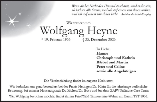 Traueranzeige von Wolfgang Heyne von Wiesbadener Kurier