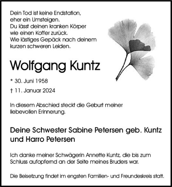Traueranzeige von Wolfgang Kuntz von Allgemeine Zeitung Bingen/Ingelheim