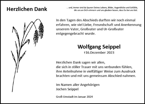 Traueranzeige von Wolfgang Seippel von Darmstädter Echo