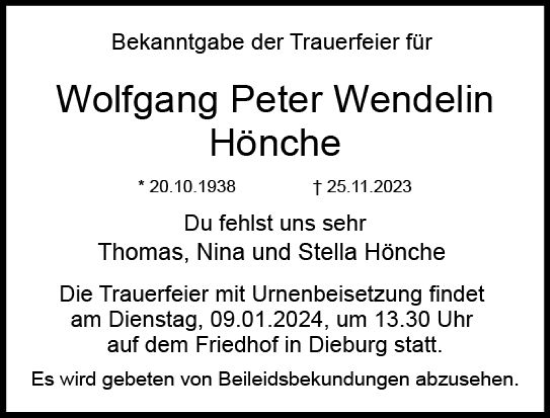 Traueranzeige von Wolfgang Peter Wendelin Hönche von Dieburger Anzeiger/Groß-Zimmerner Lokal-Anzeiger