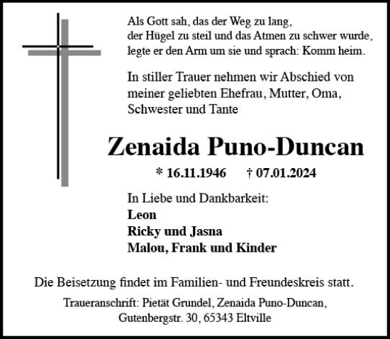 Traueranzeige von Zenaida Puno-Duncan von Rheingau Kurier