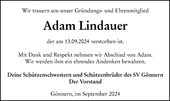 Traueranzeige von Adam Lindauer von Hinterländer Anzeiger
