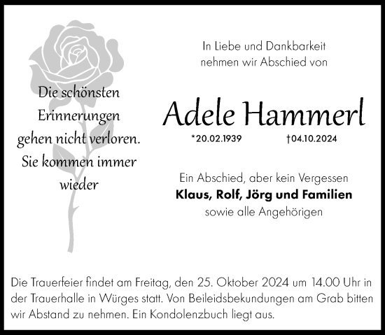 Traueranzeige von Adele Hammerl von Camberger Anzeiger