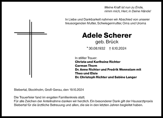 Traueranzeige von Adele Scherer von Wetzlarer Neue Zeitung