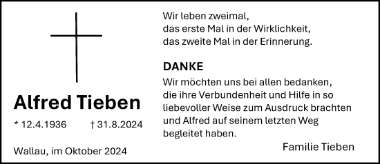Traueranzeige von Alfred Tieben von Hinterländer Anzeiger