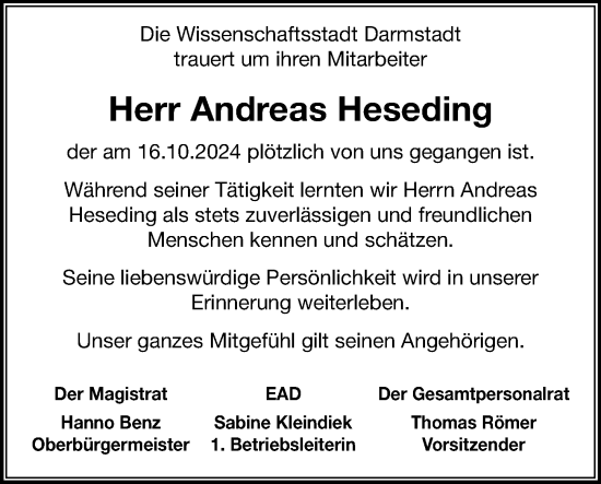 Traueranzeige von Andreas Heseding von Darmstädter Echo