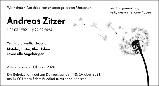 Traueranzeige von Andreas Zitzer von Weilburger Tageblatt