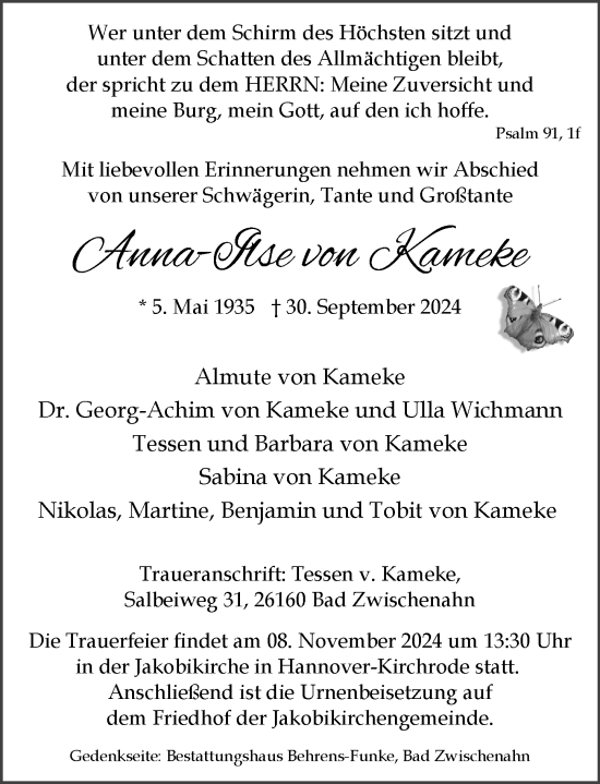 Traueranzeige von Anna-Ilse von Kameke von Wiesbadener Kurier