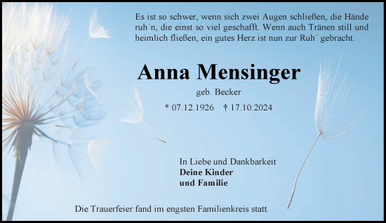 Traueranzeige von Anna Mensinger von Allgemeine Zeitung Mainz