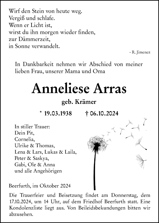 Traueranzeige von Anneliese Arras von Odenwälder Echo