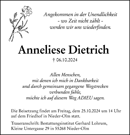 Traueranzeige von Anneliese Dietrich von Allgemeine Zeitung Mainz