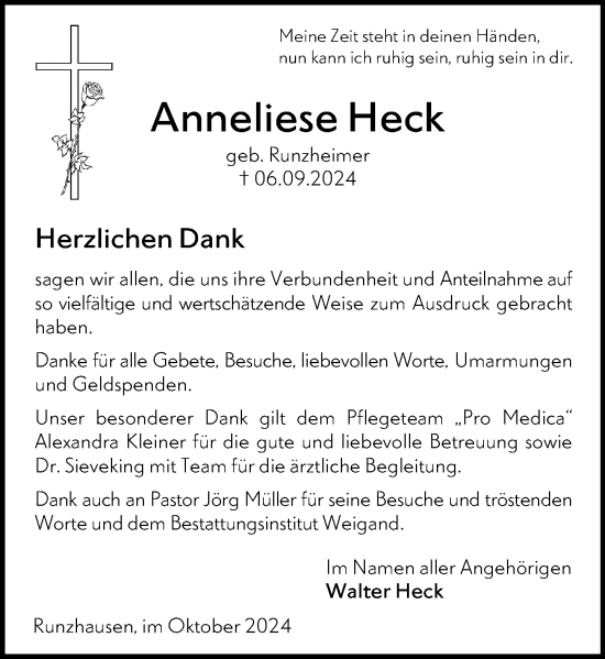 Traueranzeige von Anneliese Heck von Hinterländer Anzeiger