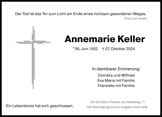 Traueranzeige von Annemarie Keller von Allgemeine Zeitung Mainz