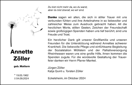 Traueranzeige von Annette Zöller von Allgemeine Zeitung Alzey