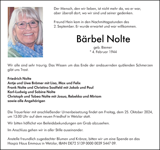 Traueranzeige von Bärbel Nolte von Wetzlarer Neue Zeitung