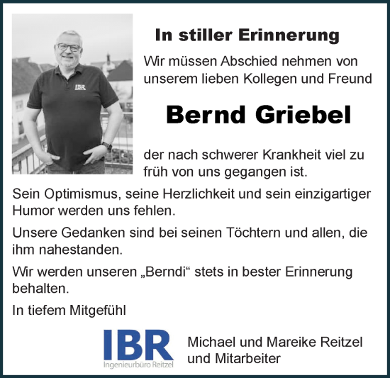 Traueranzeige von Bernd Griebel von Odenwälder Echo