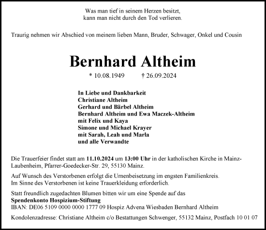 Traueranzeige von Bernhard Altheim von Allgemeine Zeitung Mainz