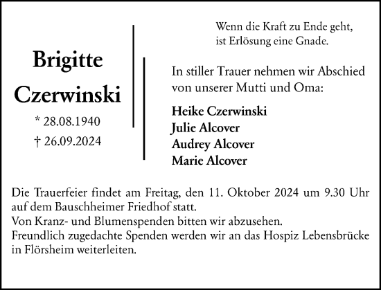 Traueranzeige von Brigitte Czerwinski von Rüsselsheimer Echo
