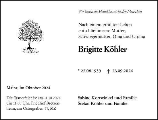 Traueranzeige von Brigitte Köhler von Allgemeine Zeitung Alzey