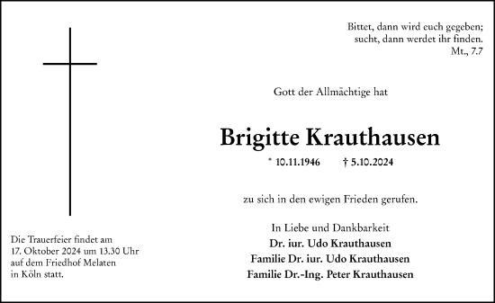 Traueranzeige von Brigitte Krauthausen von Allgemeine Zeitung Mainz