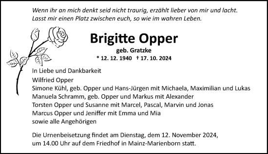 Traueranzeige von Brigitte Opper von Allgemeine Zeitung Mainz