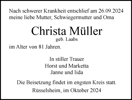 Traueranzeige von Christa Müller von Rüsselsheimer Echo