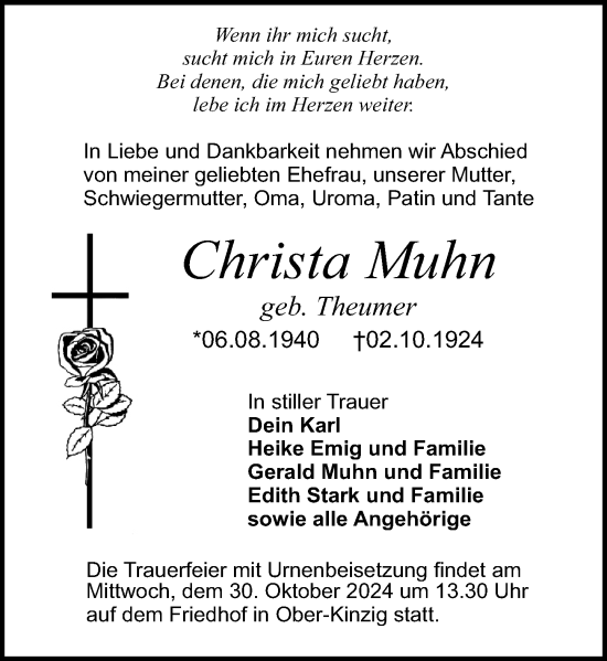 Traueranzeige von Christa Muhn von Odenwälder Echo