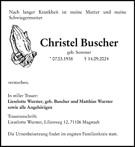 Traueranzeige von Christel Buscher von Wormser Zeitung