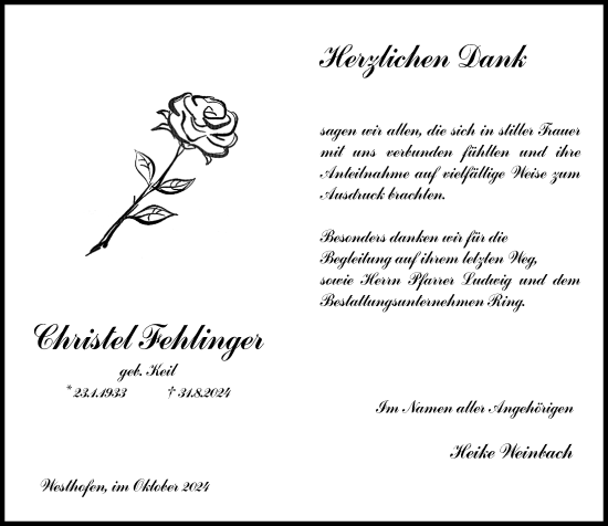 Traueranzeige von Christel Fehlinger von Wormser Zeitung