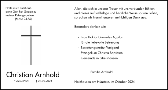 Traueranzeige von Christian Arnhold von Hinterländer Anzeiger