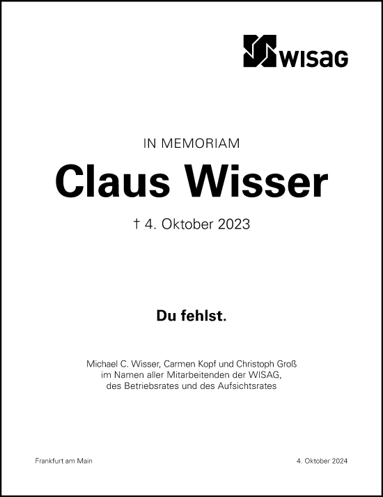 Traueranzeige von Claus Wisser von Rüsselsheimer Echo