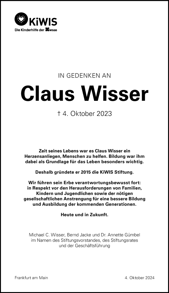 Traueranzeige von Claus Wisser von Rüsselsheimer Echo