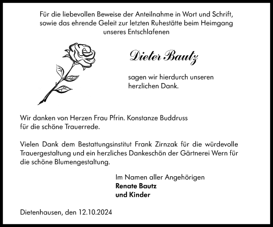 Traueranzeige von Dieter Bautz von Weilburger Tageblatt
