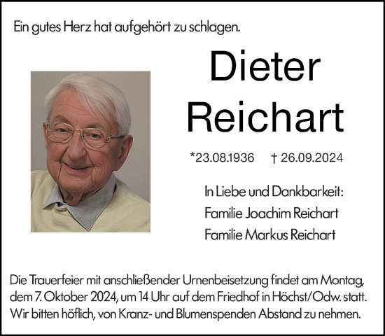 Traueranzeige von Dieter Reichart von Odenwälder Echo